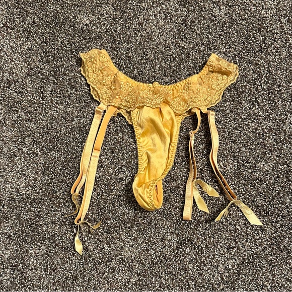 Vintage Other - Vintage & Unique Gold Lace Garter with Silk Thong attached is is One Size